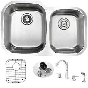 Anzzi MOORE Undermount Stainless Steel 32 in. Double Bowl Kitchen Sink and Faucet Set with Soave Faucet in Brushed Nickel