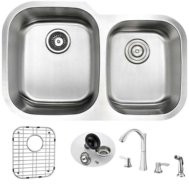 Anzzi MOORE Undermount Stainless Steel 32 in. Double Bowl Kitchen Sink and Faucet Set with Soave Faucet in Brushed Nickel