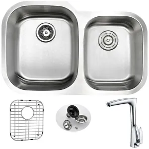 Anzzi MOORE Undermount Stainless Steel 32 in. Double Bowl Kitchen Sink and Faucet Set with Timbre Faucet in Polished Chrome
