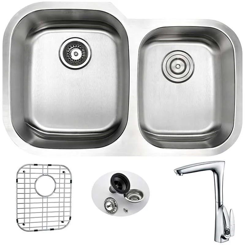 Anzzi MOORE Undermount Stainless Steel 32 in. Double Bowl Kitchen Sink and Faucet Set with Timbre Faucet in Polished Chrome