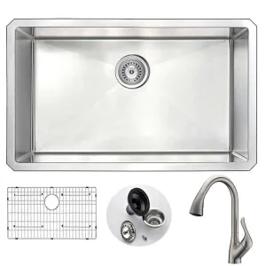 Anzzi VANGUARD Undermount Stainless Steel 30 in. Single Bowl Kitchen Sink and Faucet Set with Accent Faucet in Brushed Nickel