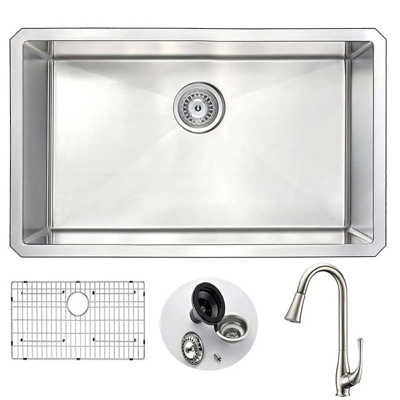 Anzzi VANGUARD Undermount Stainless Steel 30 in. Single Bowl Kitchen Sink and Faucet Set with Singer Faucet in Brushed Nickel