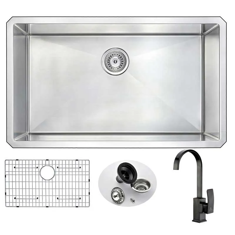 Anzzi VANGUARD Undermount Stainless Steel 32 in. 0-Hole Kitchen Sink and Faucet Set with Opus Faucet in Oil Rubbed Bronze