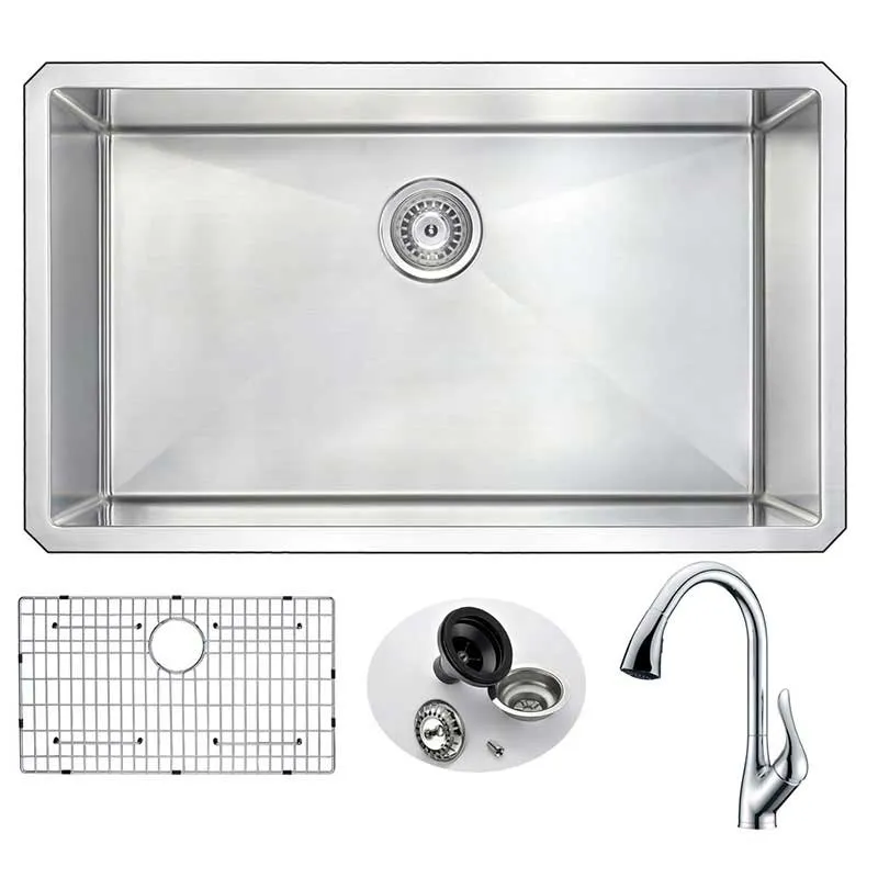 Anzzi VANGUARD Undermount Stainless Steel 32 in. 0-Hole Single Bowl Kitchen Sink with Accent Faucet in Polished Chrome