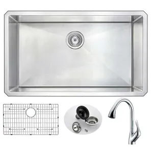 Anzzi VANGUARD Undermount Stainless Steel 32 in. 0-Hole Single Bowl Kitchen Sink with Accent Faucet in Polished Chrome