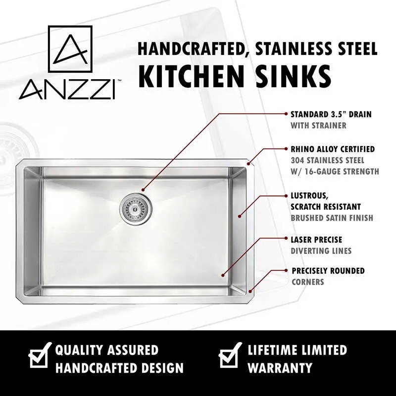 Anzzi VANGUARD Undermount Stainless Steel 32 in. 0-Hole Single Bowl Kitchen Sink with Opus Faucet in Brushed Nickel