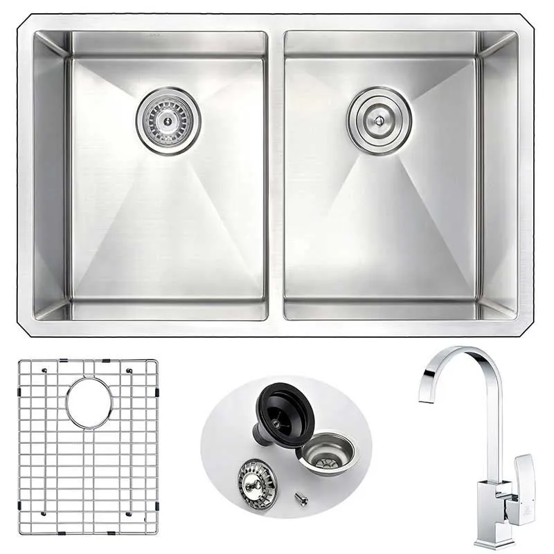 Anzzi VANGUARD Undermount Stainless Steel 32 in. Double Bowl Kitchen Sink and Faucet Set with Opus Faucet in Polished Chrome