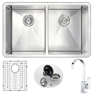 Anzzi VANGUARD Undermount Stainless Steel 32 in. Double Bowl Kitchen Sink and Faucet Set with Opus Faucet in Polished Chrome