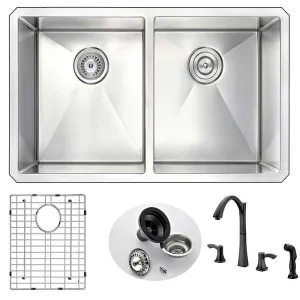 Anzzi VANGUARD Undermount Stainless Steel 32 in. Double Bowl Kitchen Sink and Faucet Set with Soave Faucet in Oil Bronze