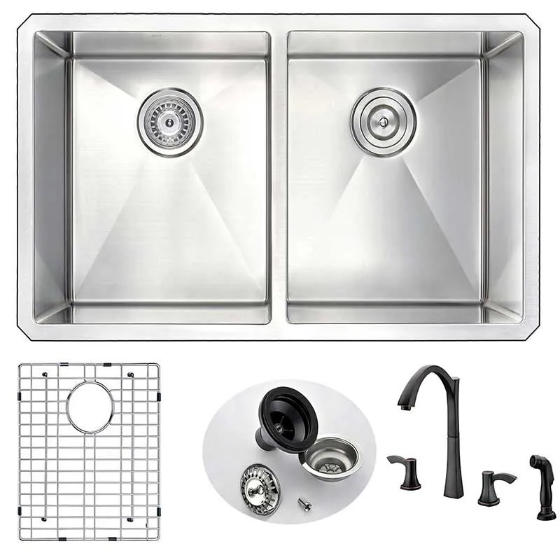 Anzzi VANGUARD Undermount Stainless Steel 32 in. Double Bowl Kitchen Sink and Faucet Set with Soave Faucet in Oil Bronze