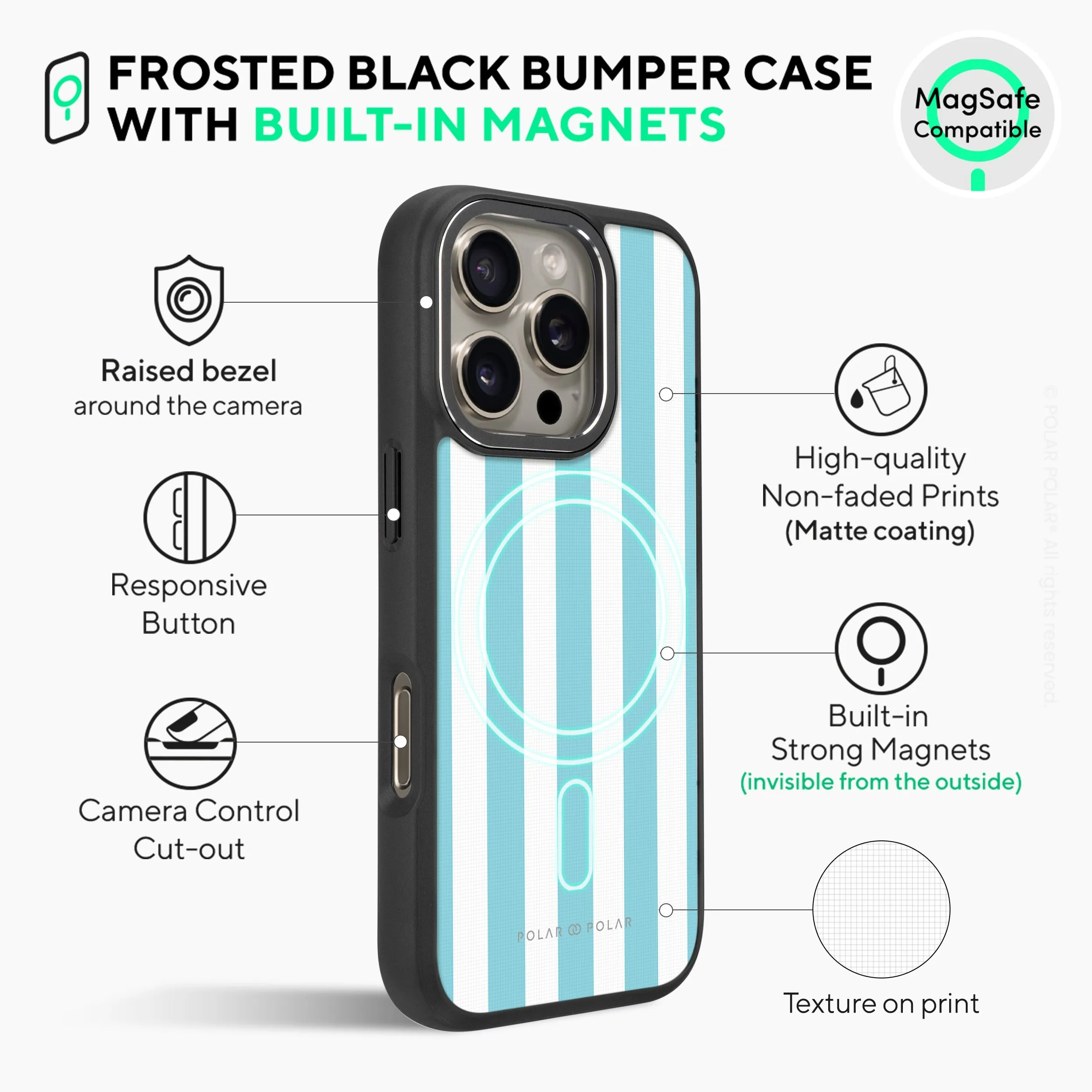 Baby Blue Stripe - iPhone 16 Pro Frosted Black Bumper MagSafe Case