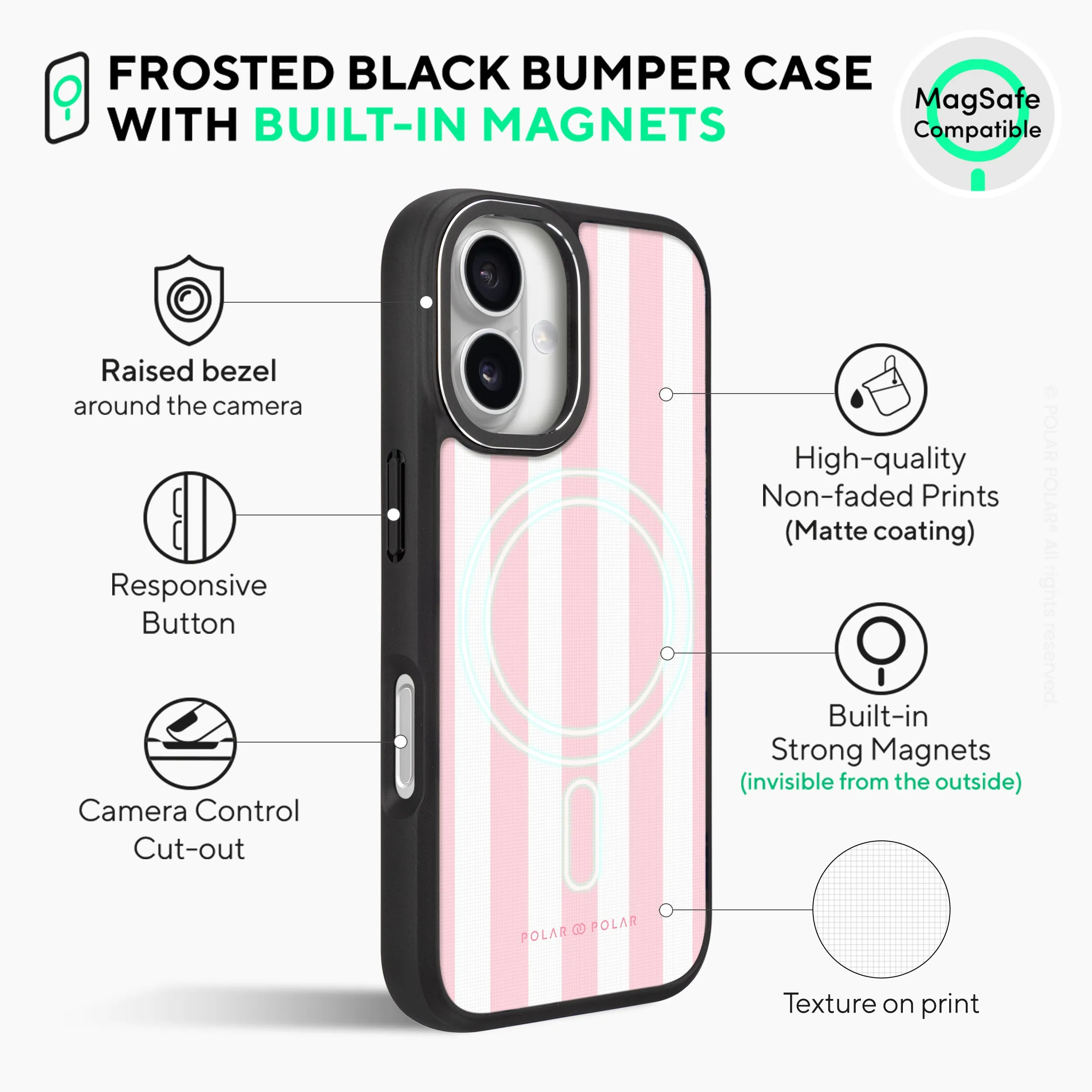 Baby Pink Stripe - iPhone 16 Plus Frosted Black Bumper MagSafe Case