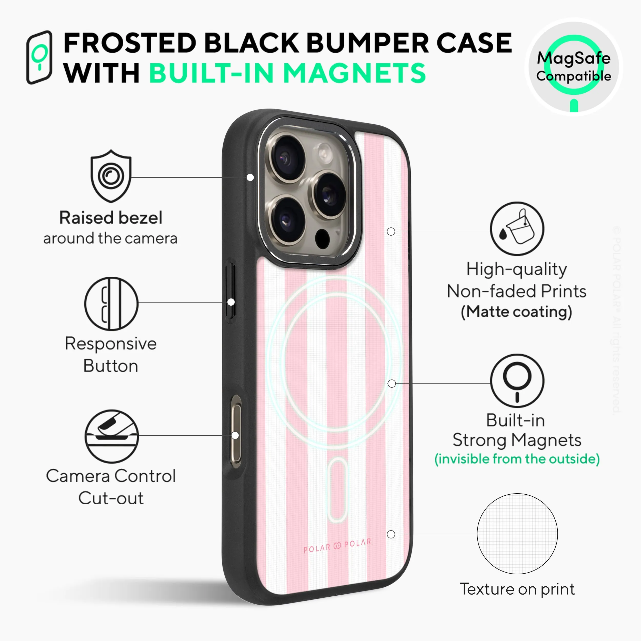Baby Pink Stripe - iPhone 16 Pro Frosted Black Bumper MagSafe Case
