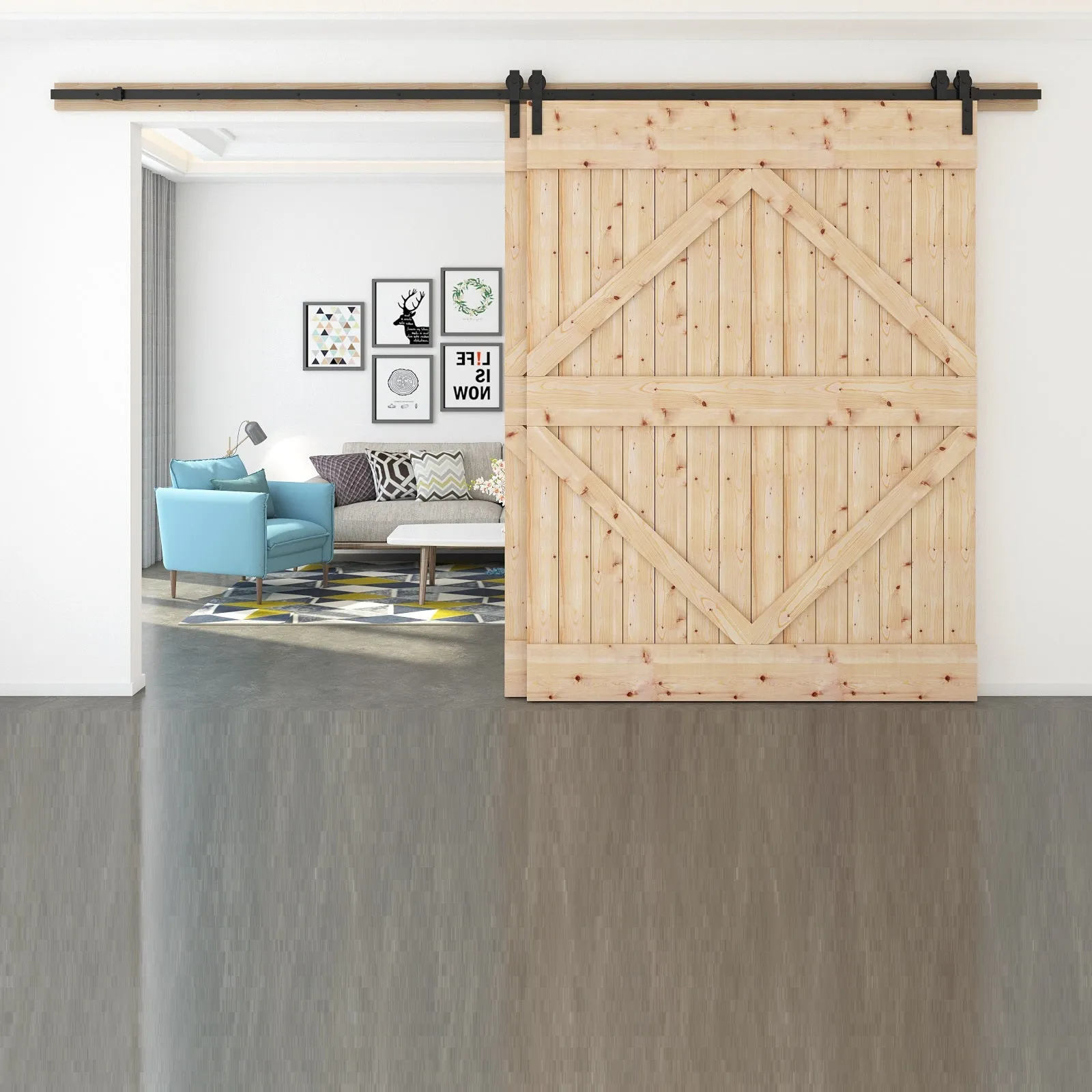 Barn Door Hardware - DOUBLE DOOR BYPASS - 8 ft Track J Shaped Hangers