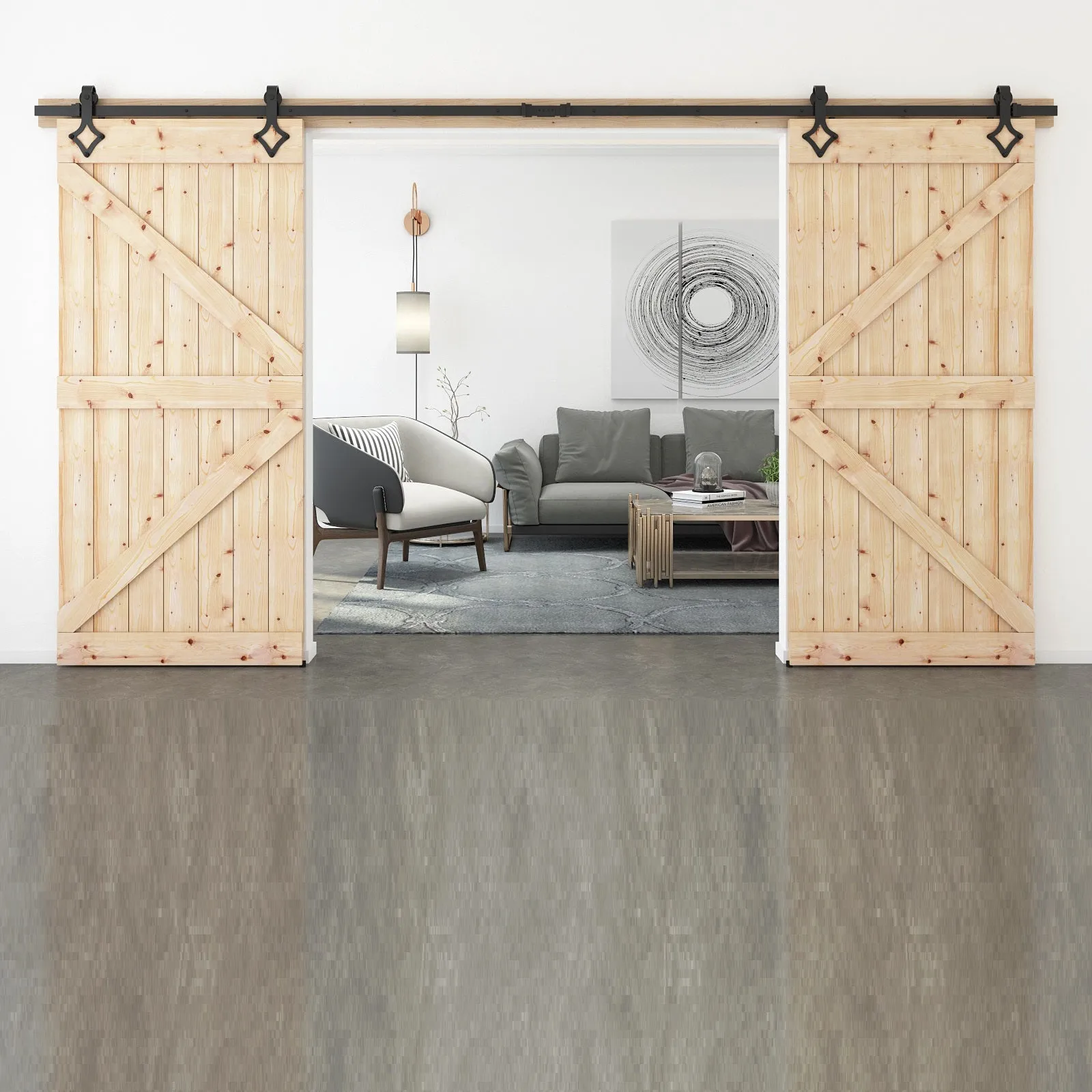 Barn Door Hardware - Double Door - Diamond Shaped Hangers - 13 ft Track