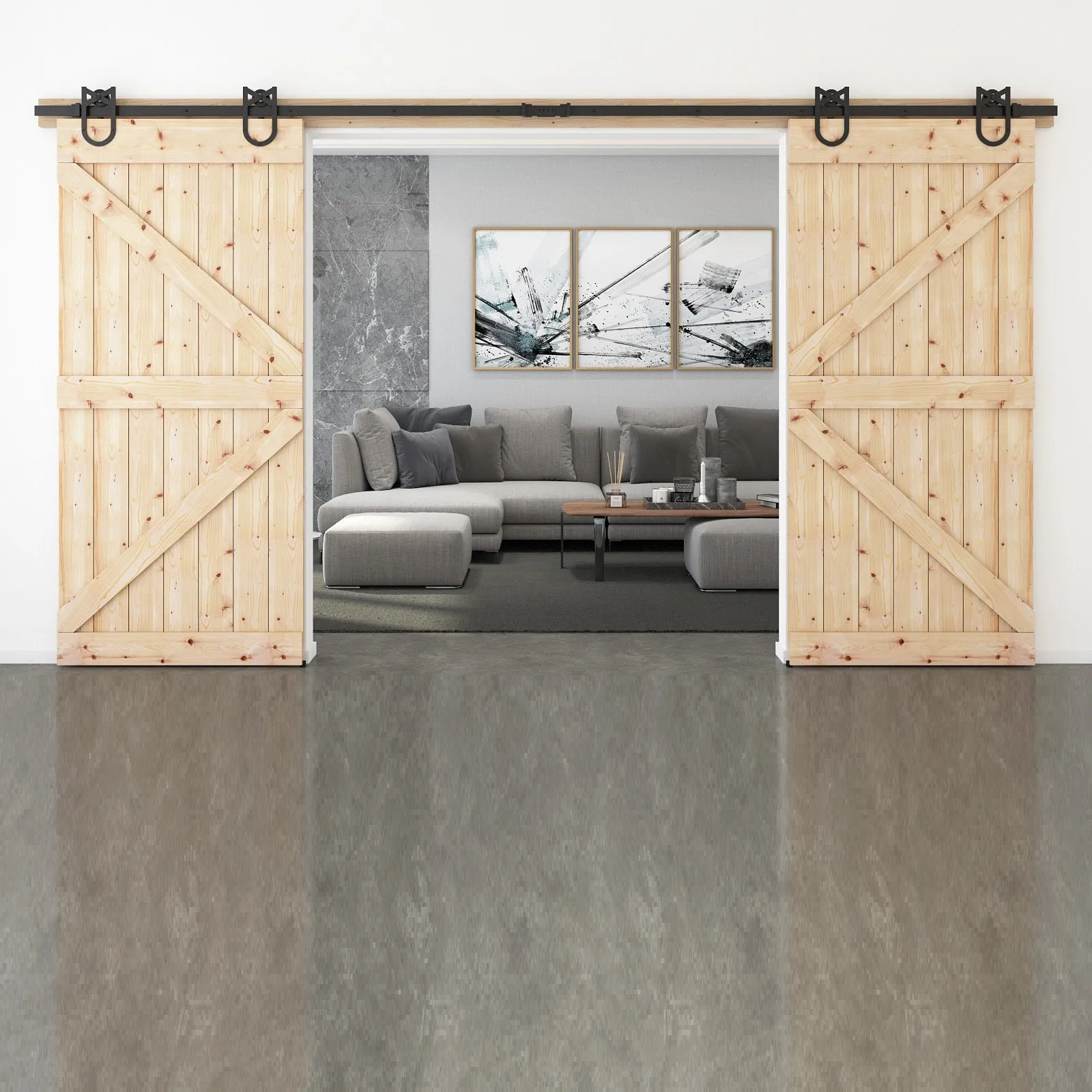 Barn Door Hardware - Double Door - Horseshoe Shaped Hangers - 13 ft Track
