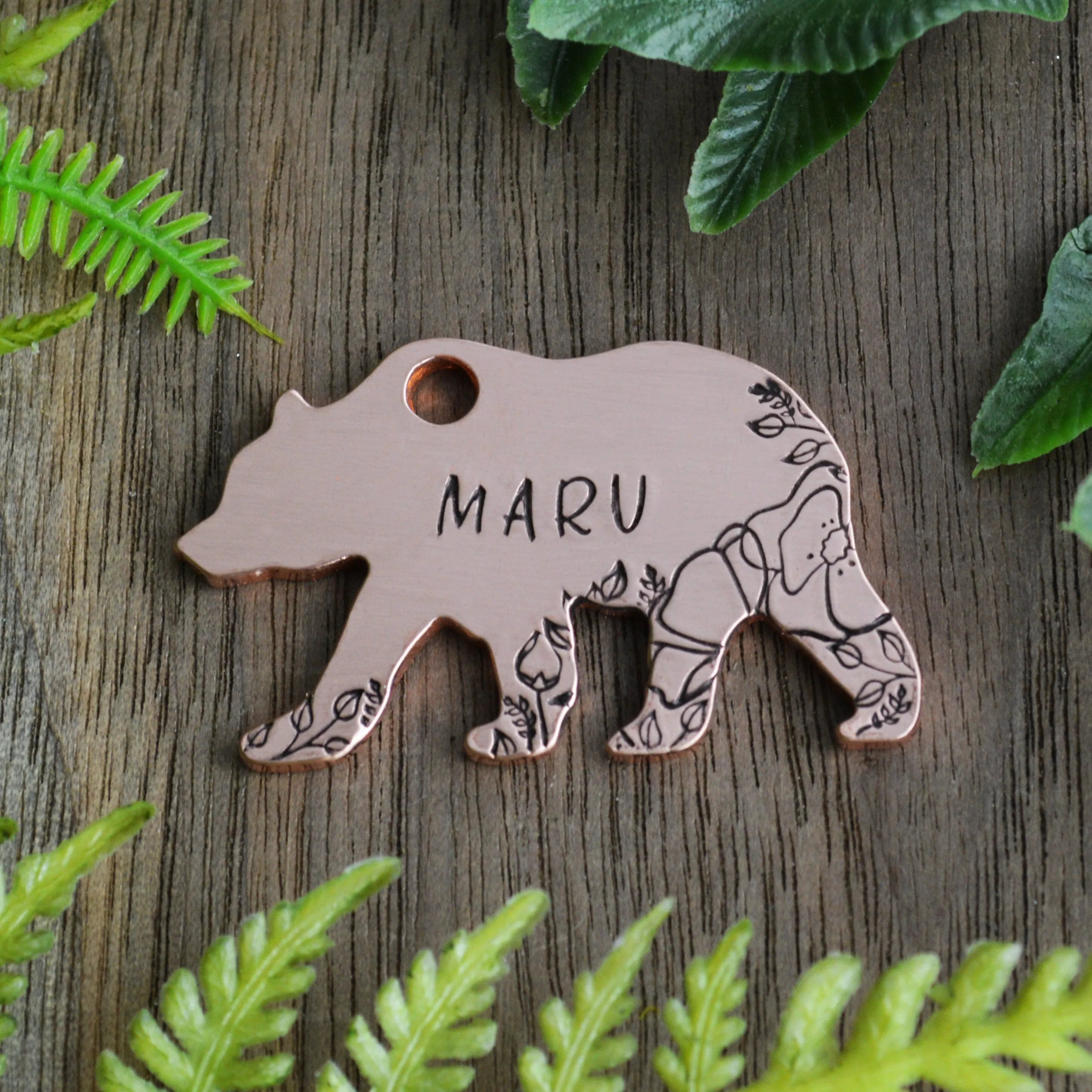 Bear in the Poppies Hand Stamped Dog Collar Tag