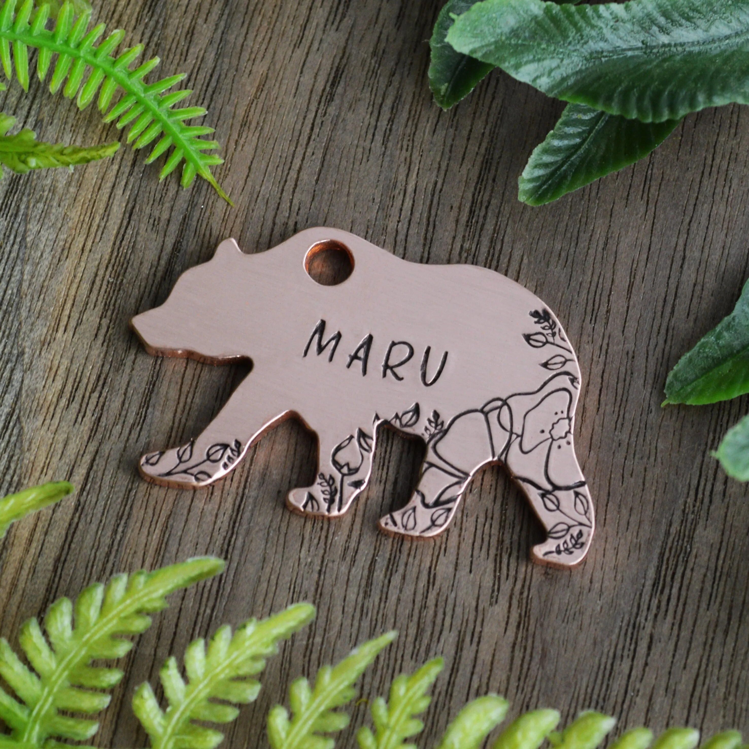 Bear in the Poppies Hand Stamped Dog Collar Tag