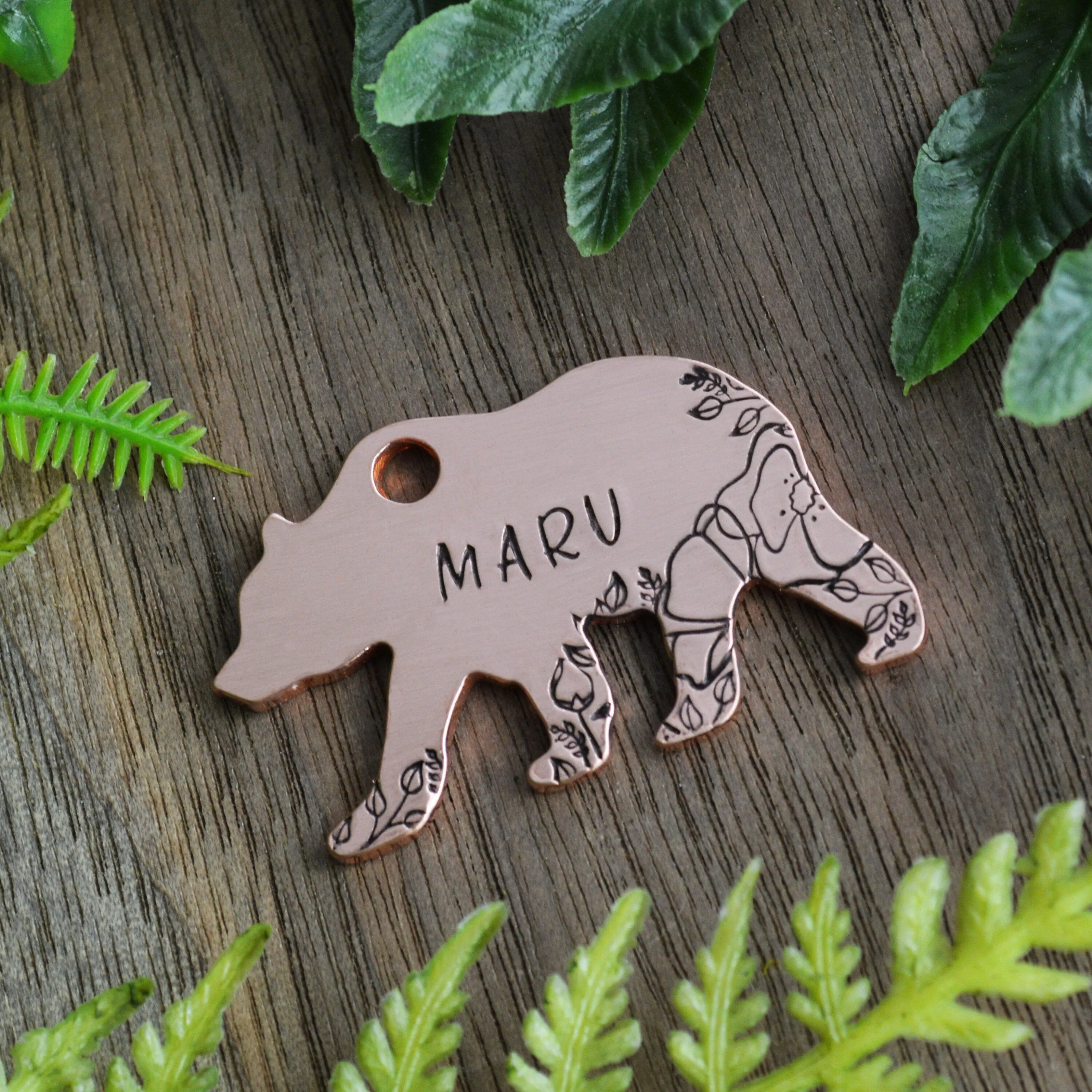 Bear in the Poppies Hand Stamped Dog Collar Tag