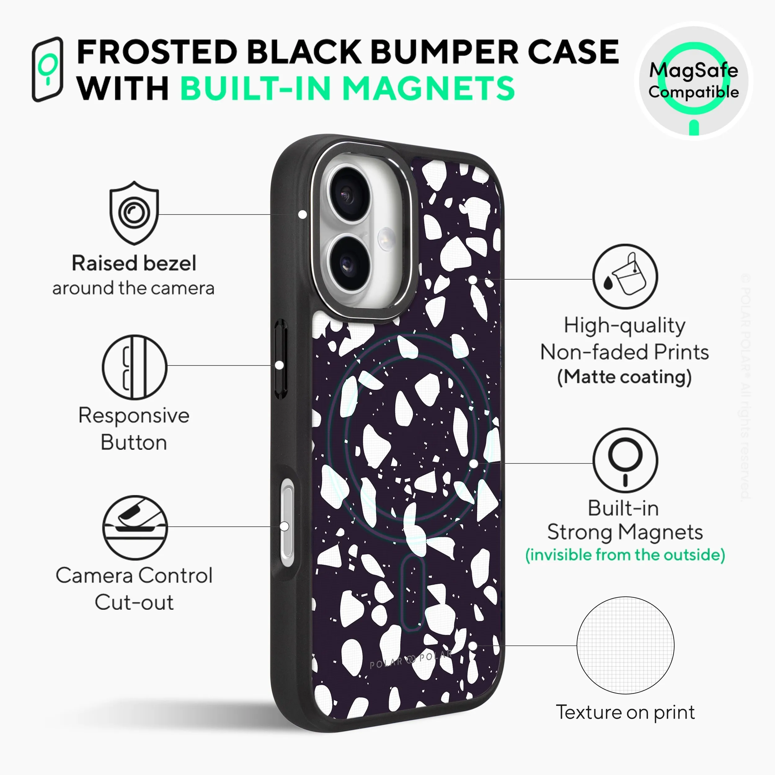 Black Rocky Road Terrazzo - iPhone 16 Frosted Black Bumper MagSafe Case