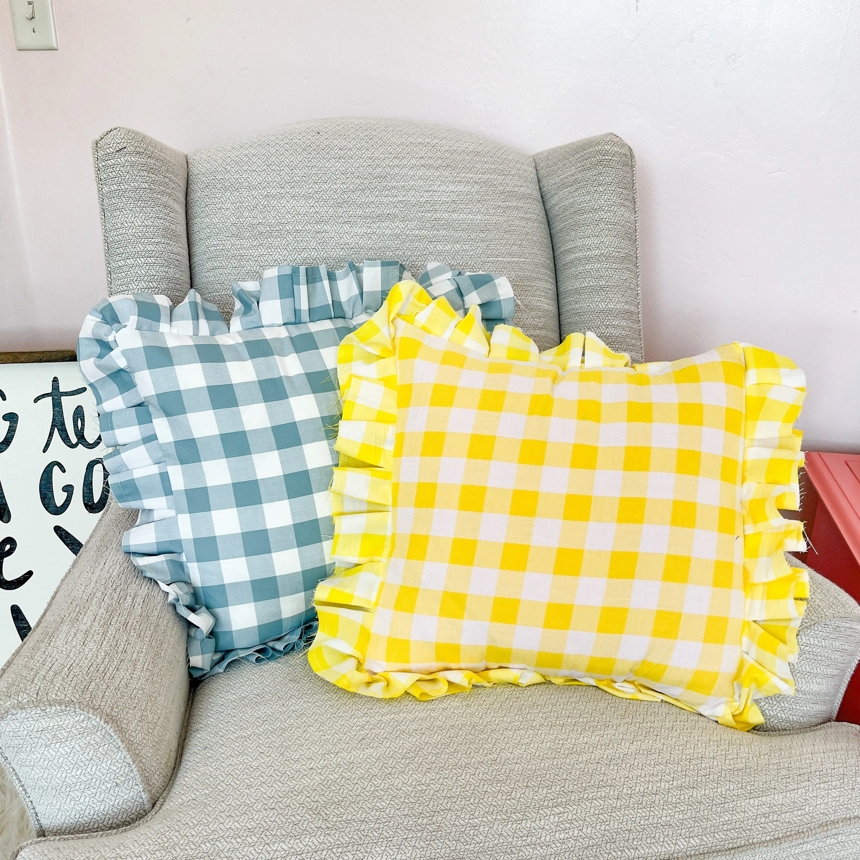 Blue and White Buffalo Plaid Pillow, Ruffle Pillow Plus Other Colors, Gingham Pillows for Home