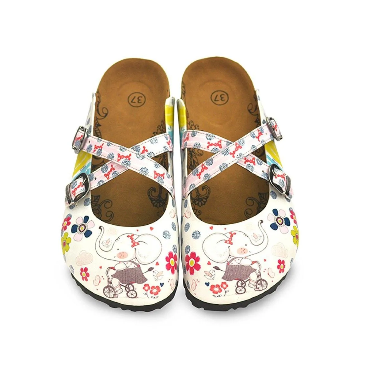 Blue and White Colored Flowers, Cute Elephant Patterned Clogs - WCAL131