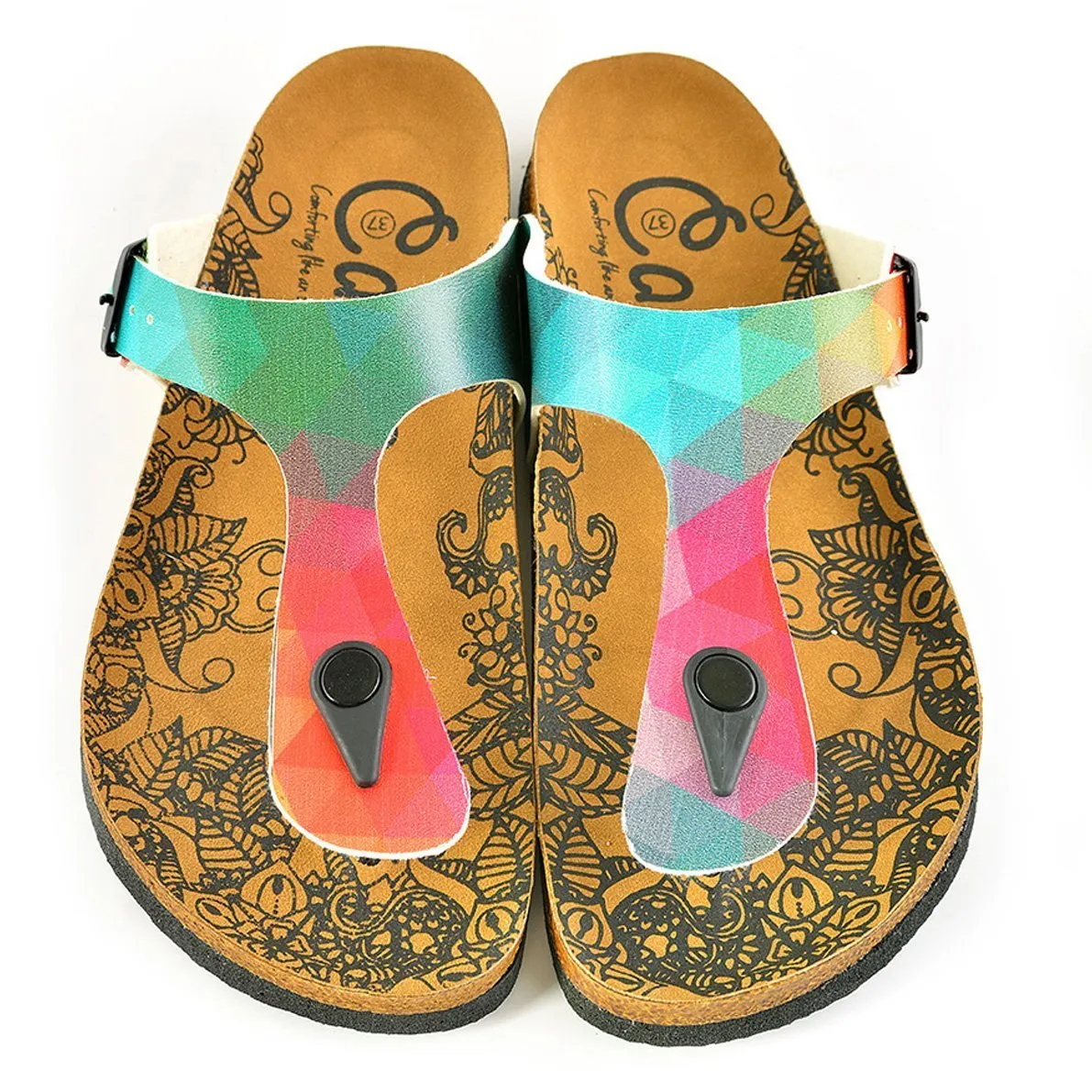 Blue, Purple, Green, Orange Colored Patterned Polygon Sandal - CAL522