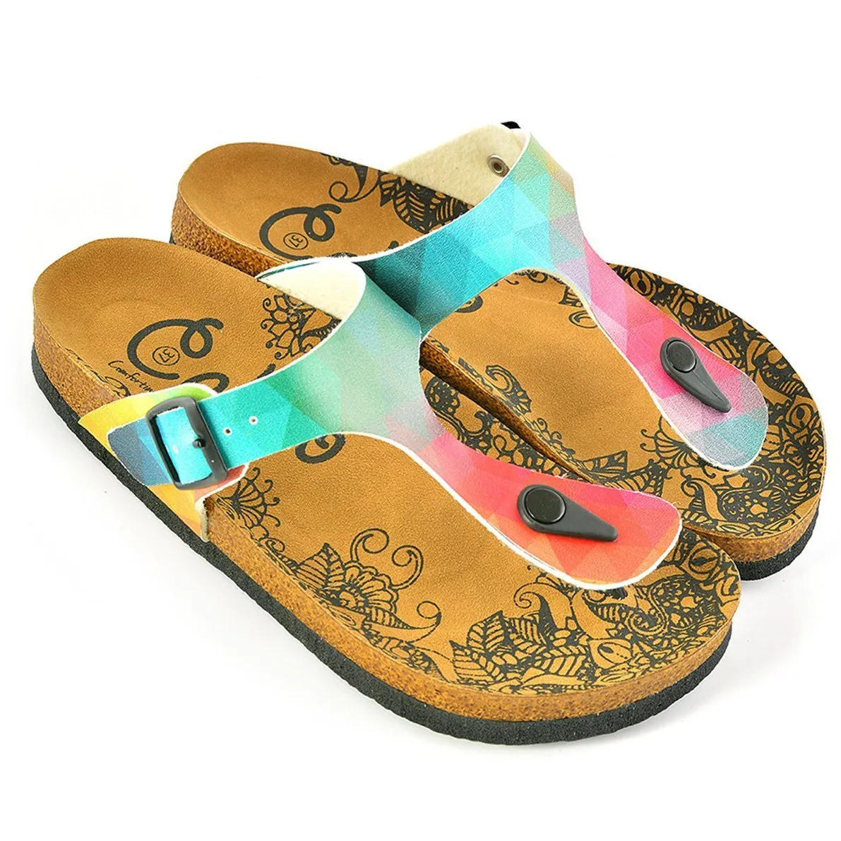 Blue, Purple, Green, Orange Colored Patterned Polygon Sandal - CAL522