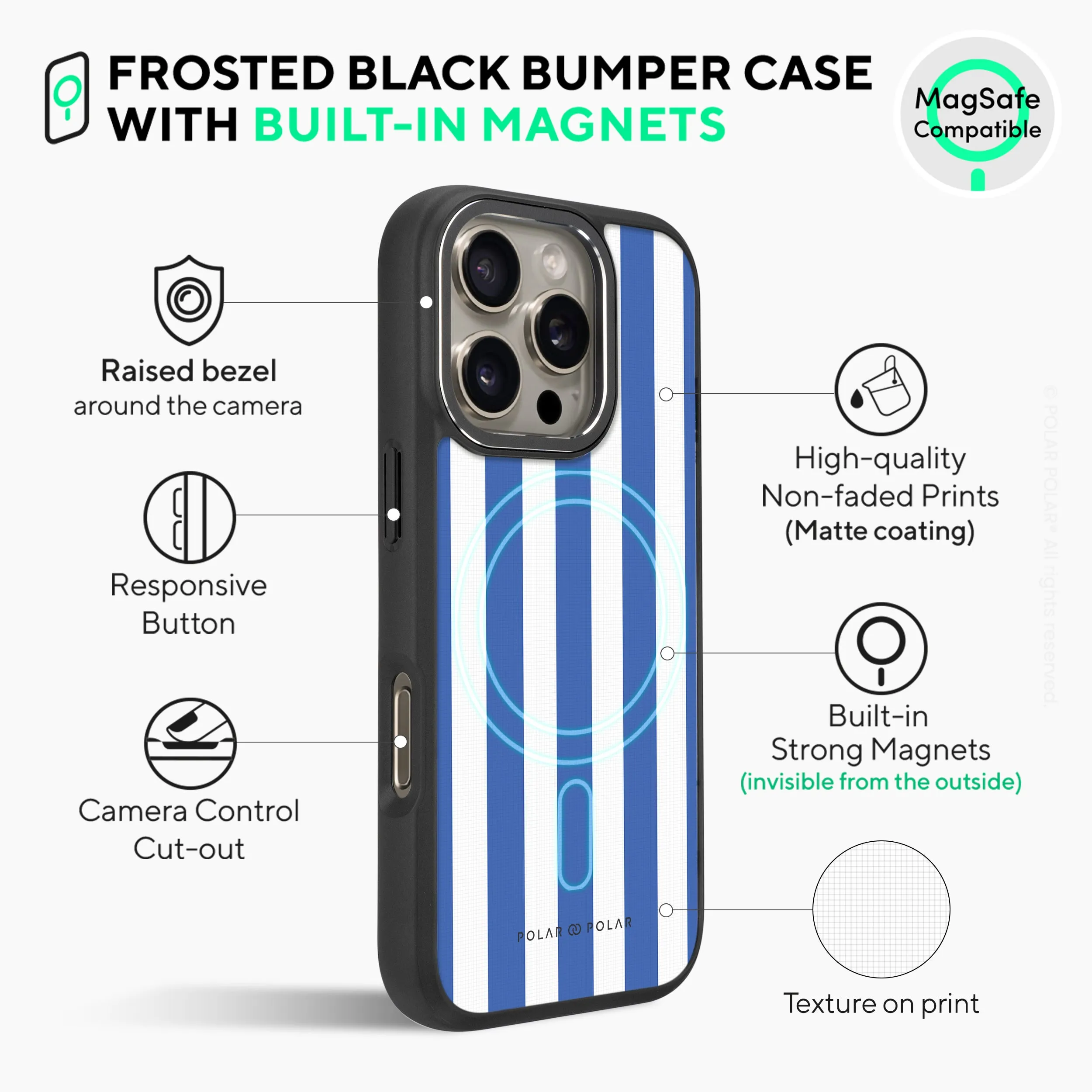 Blue Stripe - iPhone 16 Pro Frosted Black Bumper MagSafe Case