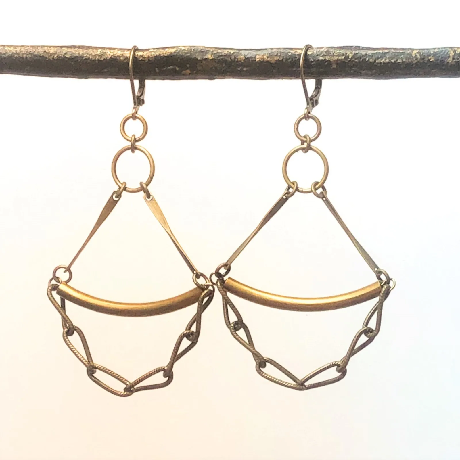 Brass Drop Earrings with Chain Dangle