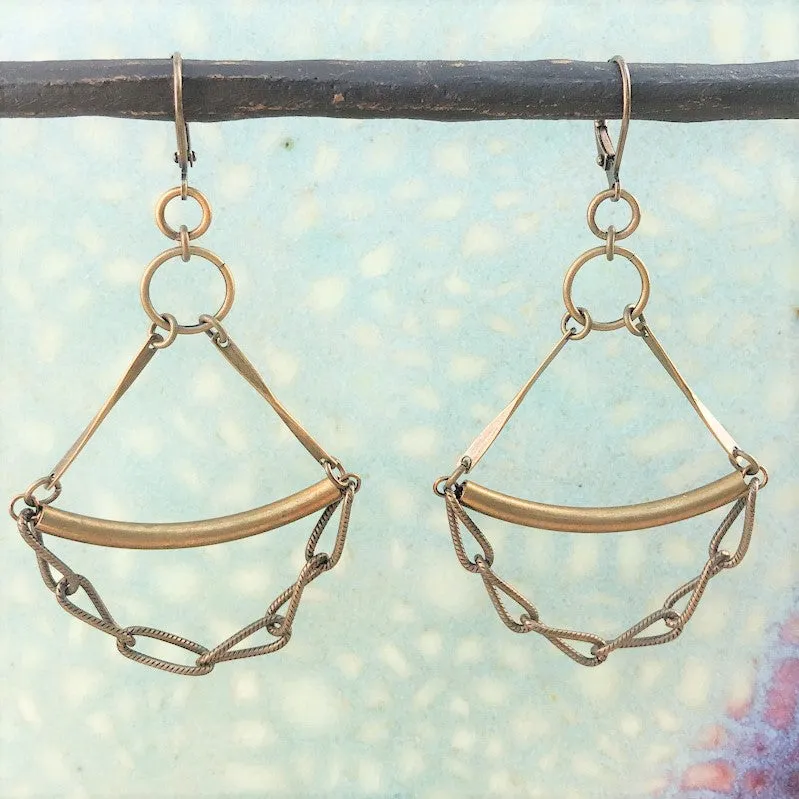 Brass Drop Earrings with Chain Dangle