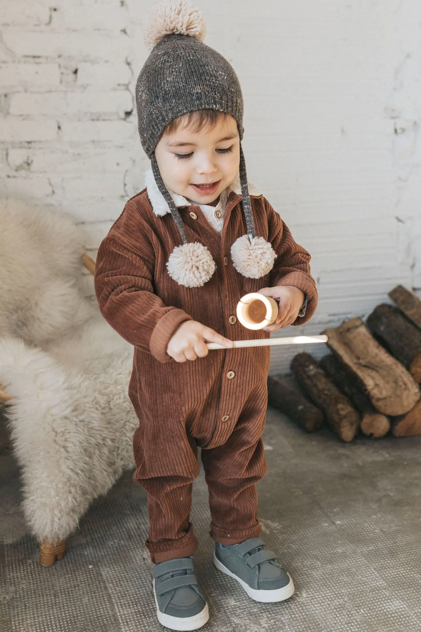 Brown Knit Triple Pom Pom Hat