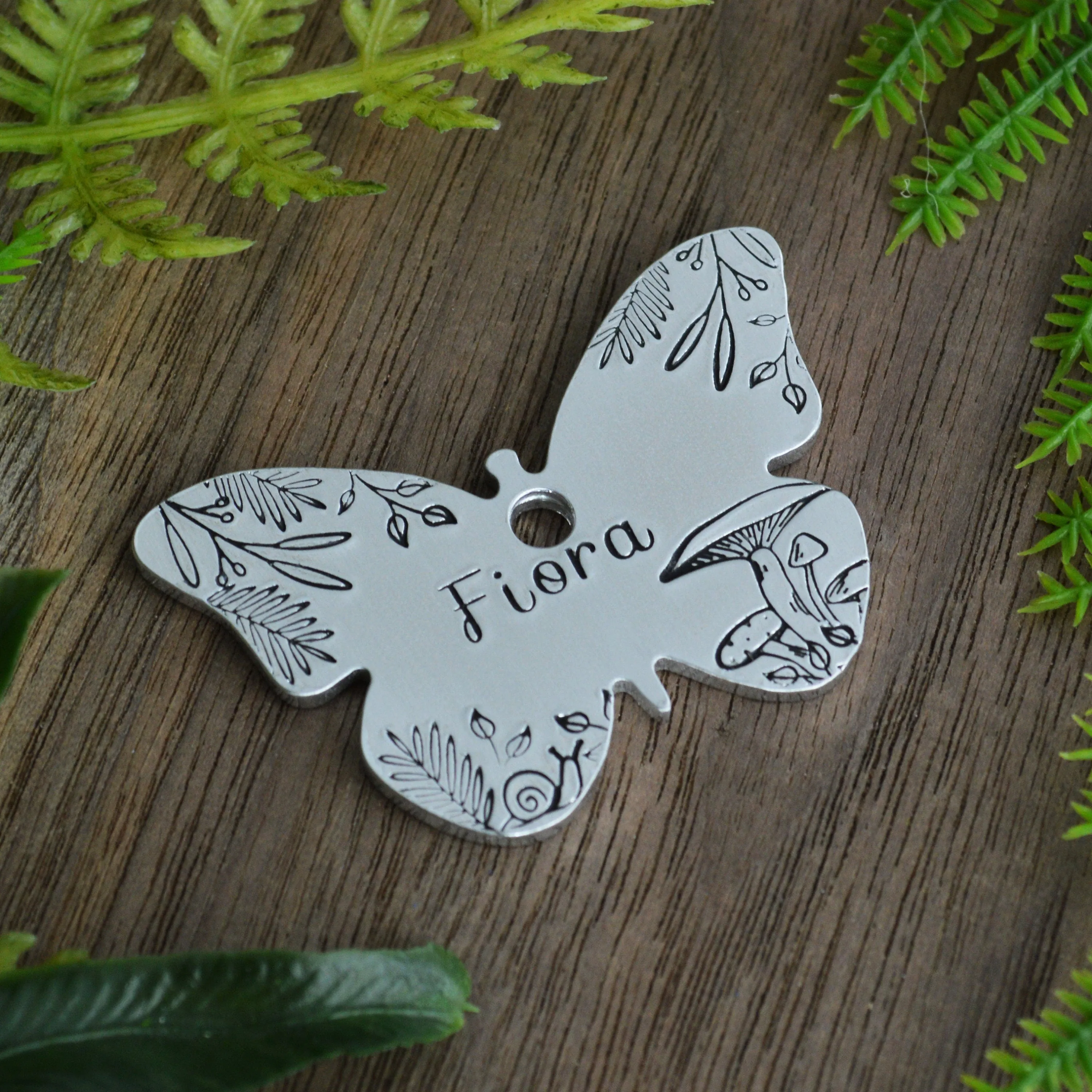 Butterfly in the Forest Hand Stamped Dog Collar Tag