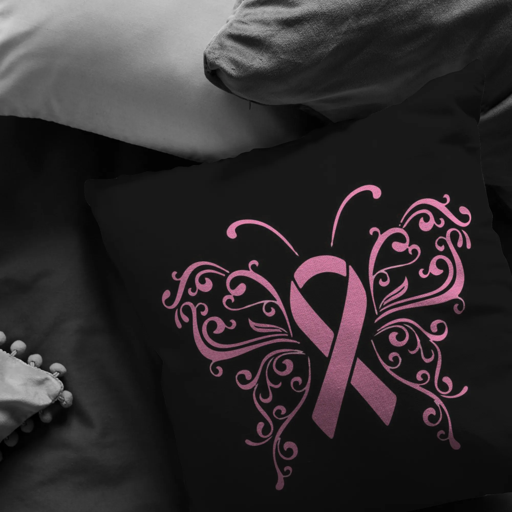 Butterfly Pink Ribbon Pillow