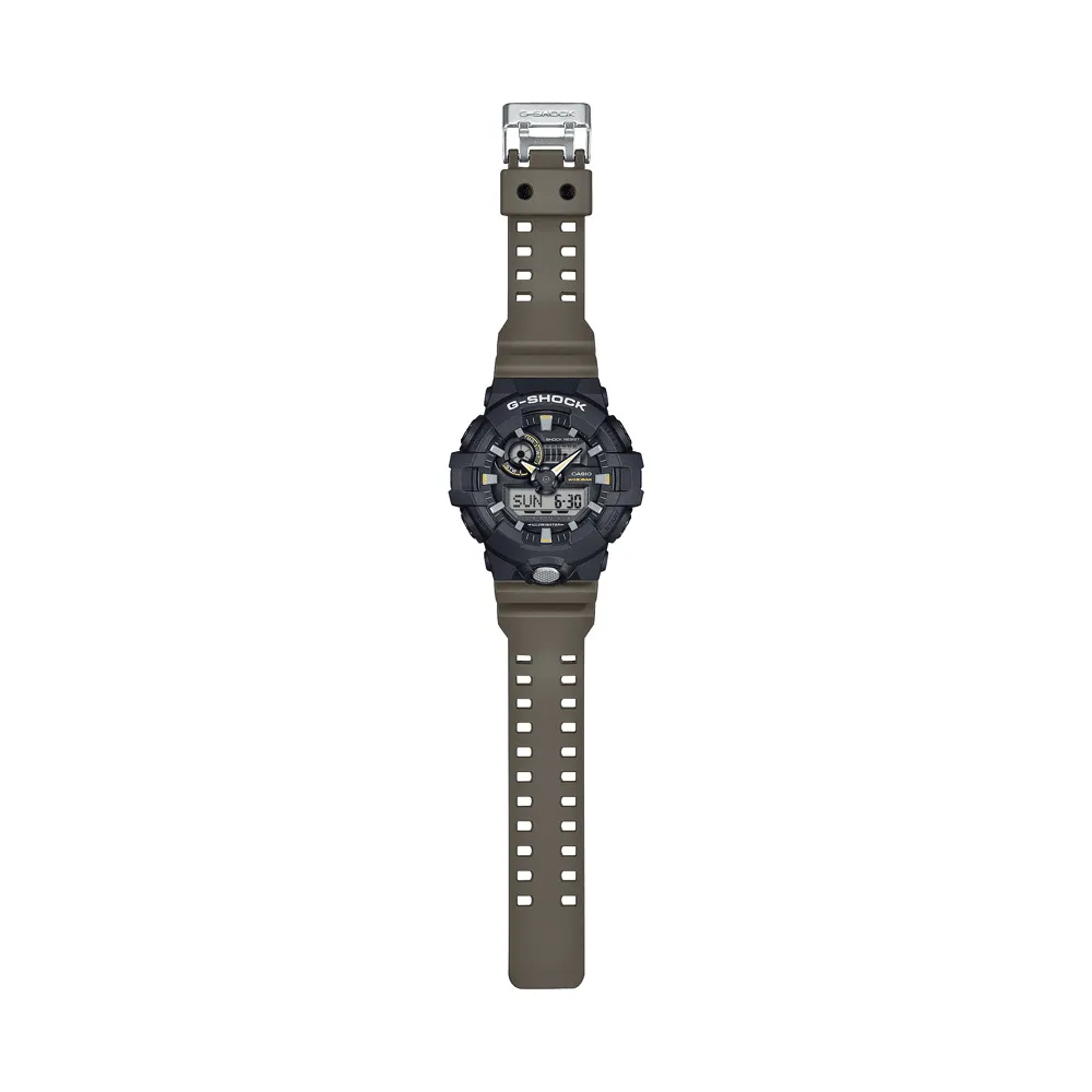 Casio G Shock Duo 2-Tone Utility Worldtime Stopwatch Alarm 200M Water Resistant Black Case Brown Resin Band GA710TU-1A3
