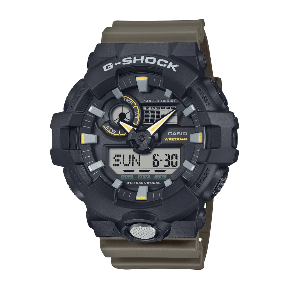 Casio G Shock Duo 2-Tone Utility Worldtime Stopwatch Alarm 200M Water Resistant Black Case Brown Resin Band GA710TU-1A3