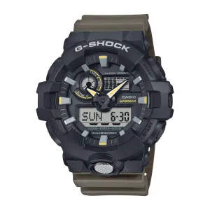 Casio G Shock Duo 2-Tone Utility Worldtime Stopwatch Alarm 200M Water Resistant Black Case Brown Resin Band GA710TU-1A3
