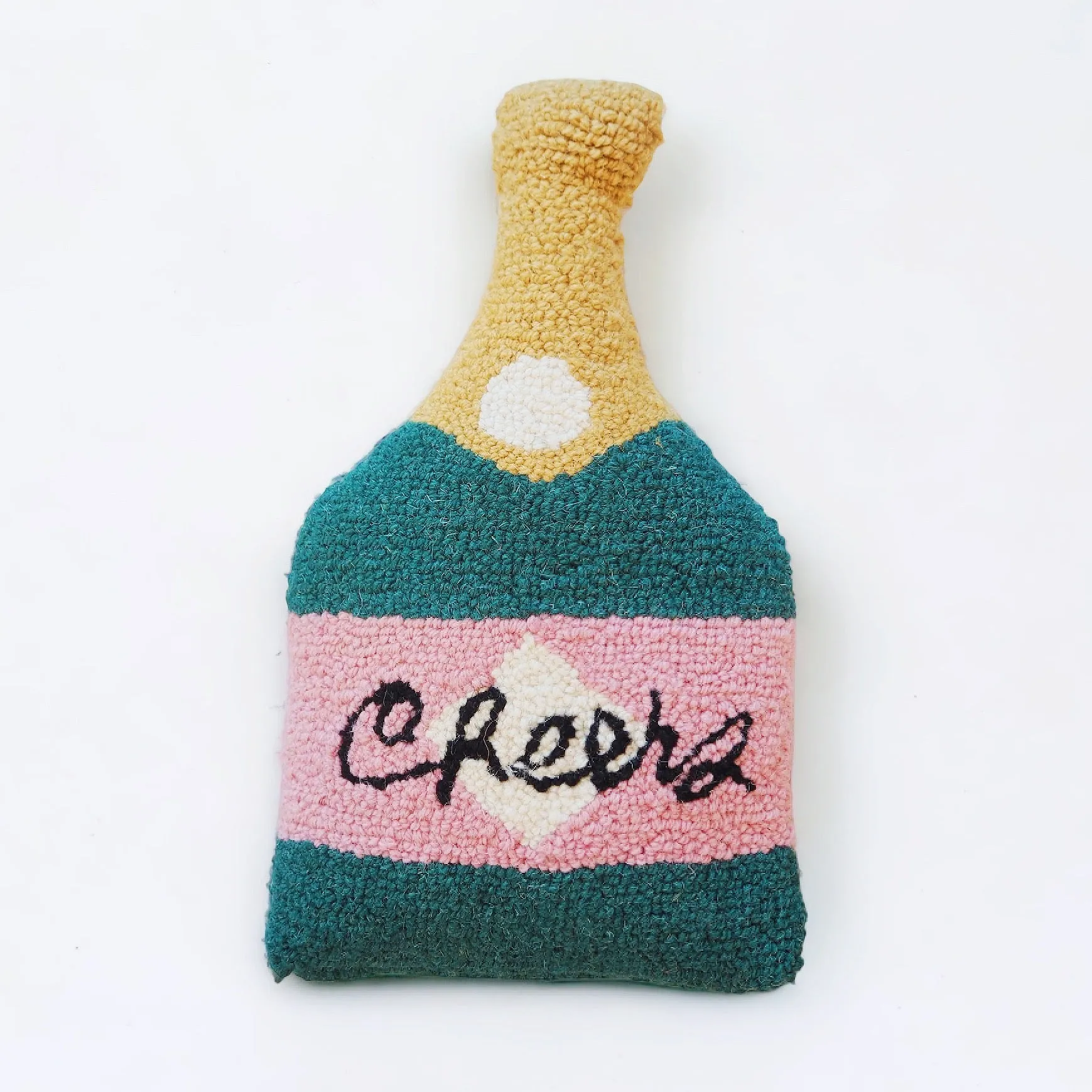Cheers Champagne Bottle Hooked-Knit Throw Pillow