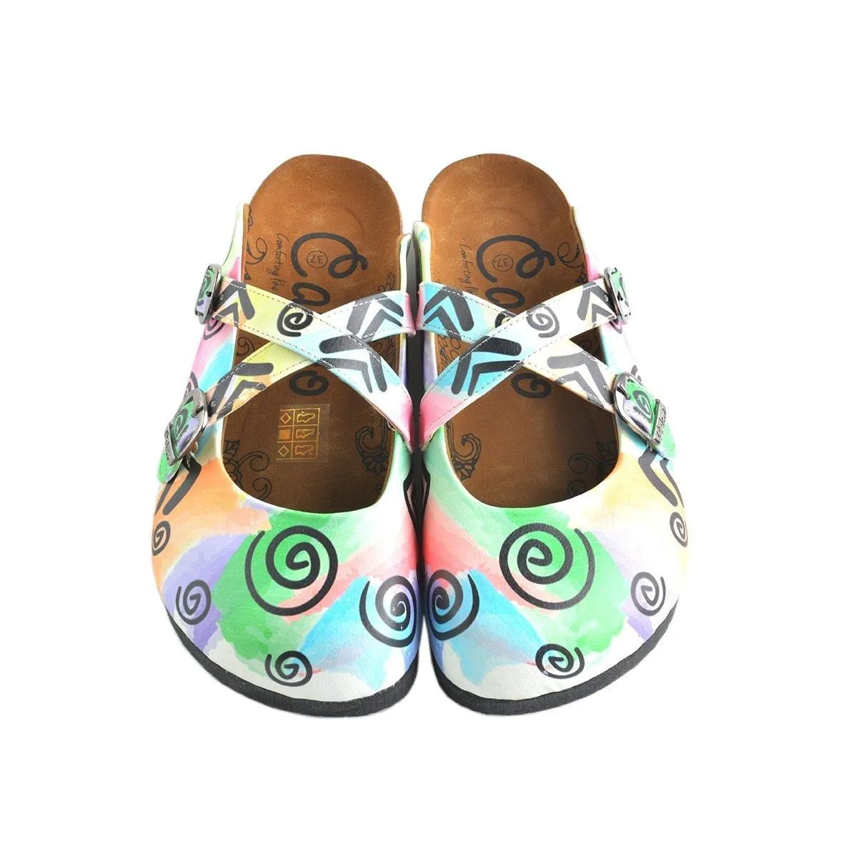 Colorful Watercolor Pattern and Black Swril, Triangular Patterned Clogs - WCAL156