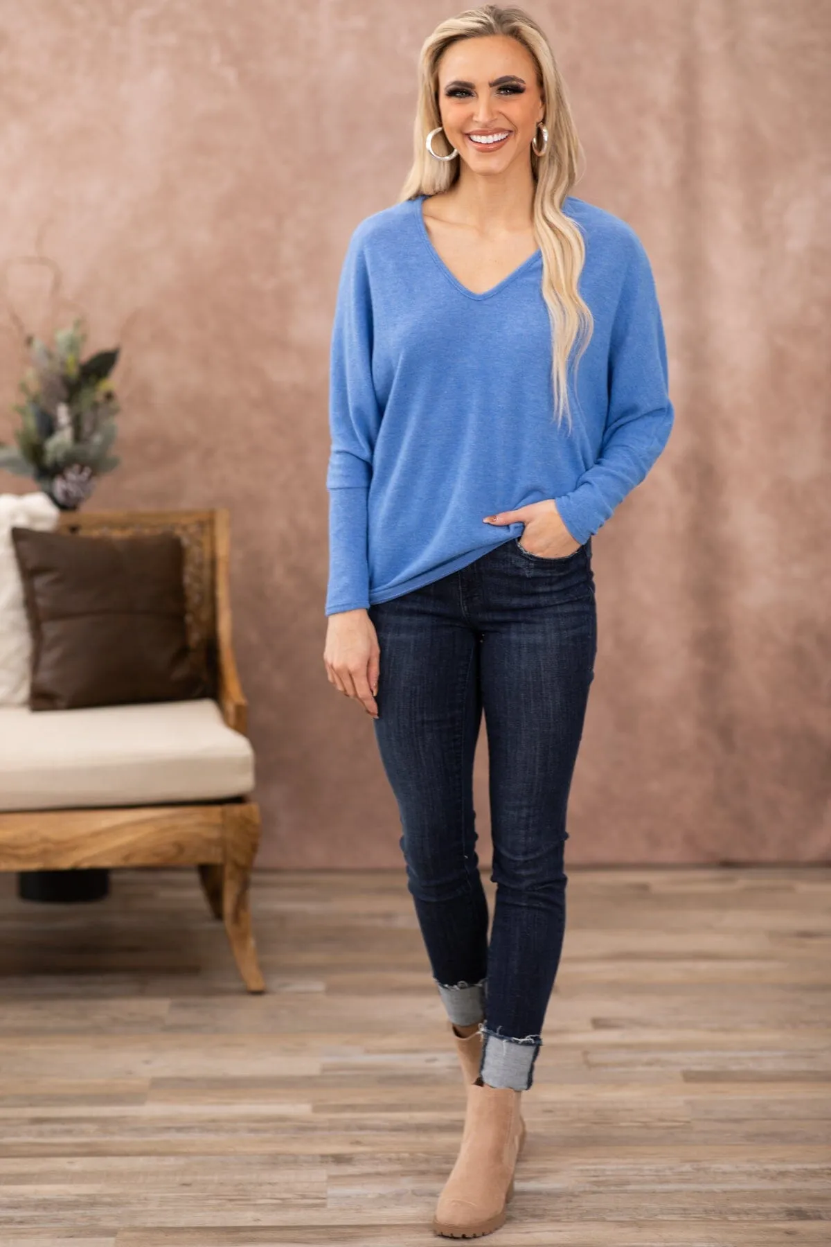 Cornflower Lightweight V-Neck Long Sleeve Top