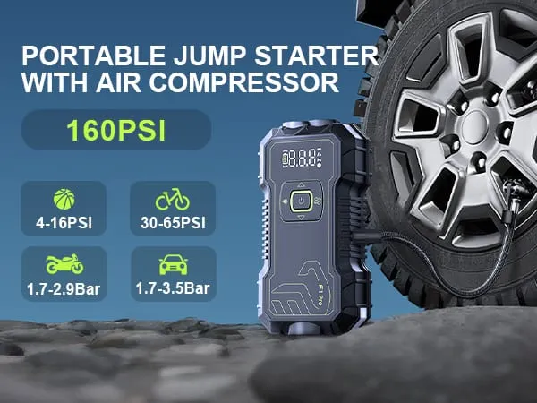 Crony F1 PRO Car Jump Starter with Air Compressor 160PSI, 4500A Car Battery Jump Starter Battery Pack (9L Gas/8L Diesel), 12V Car Starter Jump Box, Type-C Fast Charging，USB QC 3.0，Extension Jumper Cable