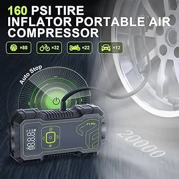 Crony F1 PRO Car Jump Starter with Air Compressor 160PSI, 4500A Car Battery Jump Starter Battery Pack (9L Gas/8L Diesel), 12V Car Starter Jump Box, Type-C Fast Charging，USB QC 3.0，Extension Jumper Cable