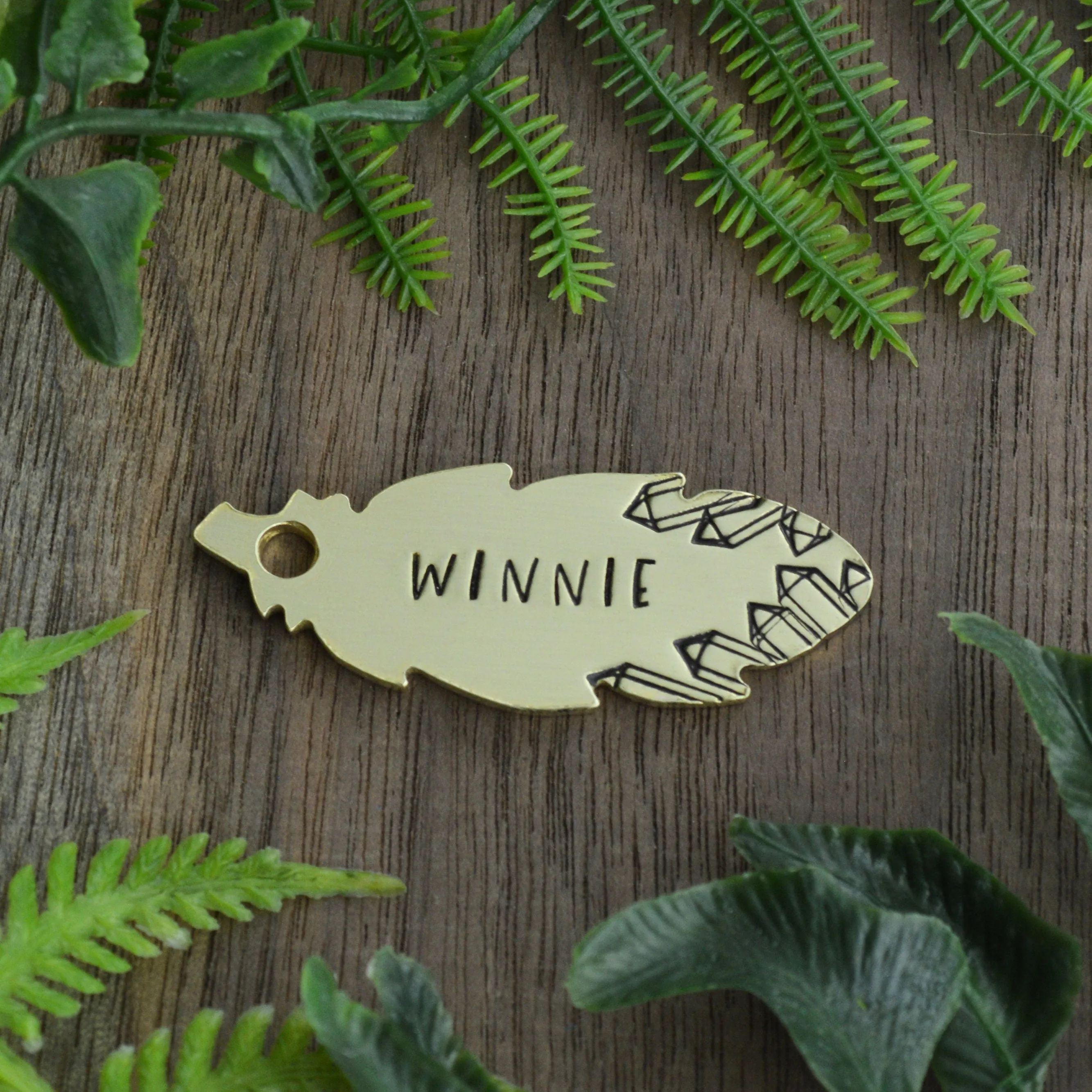 Crystal Feather Hand Stamped Dog Tag