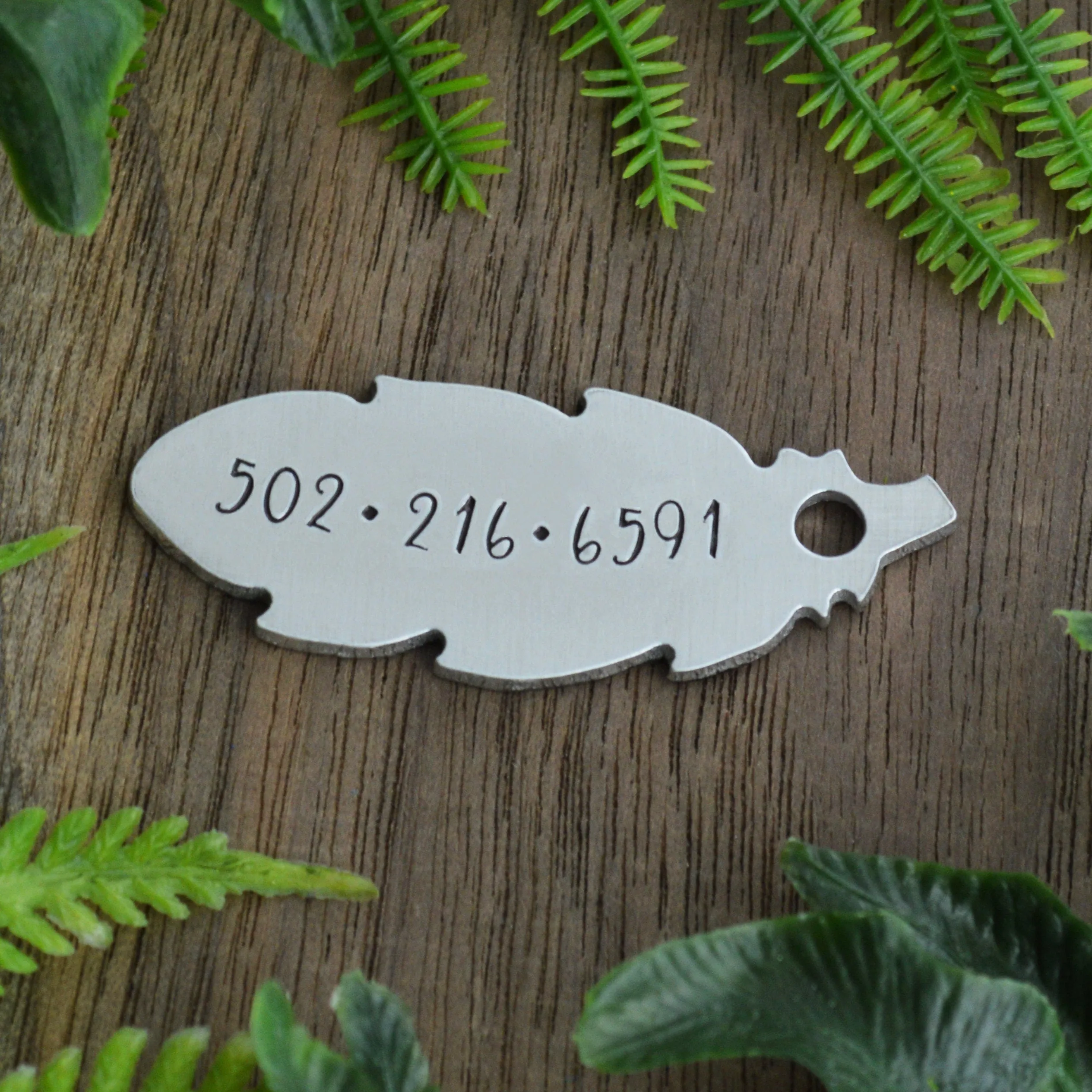 Crystal Feather Hand Stamped Dog Tag