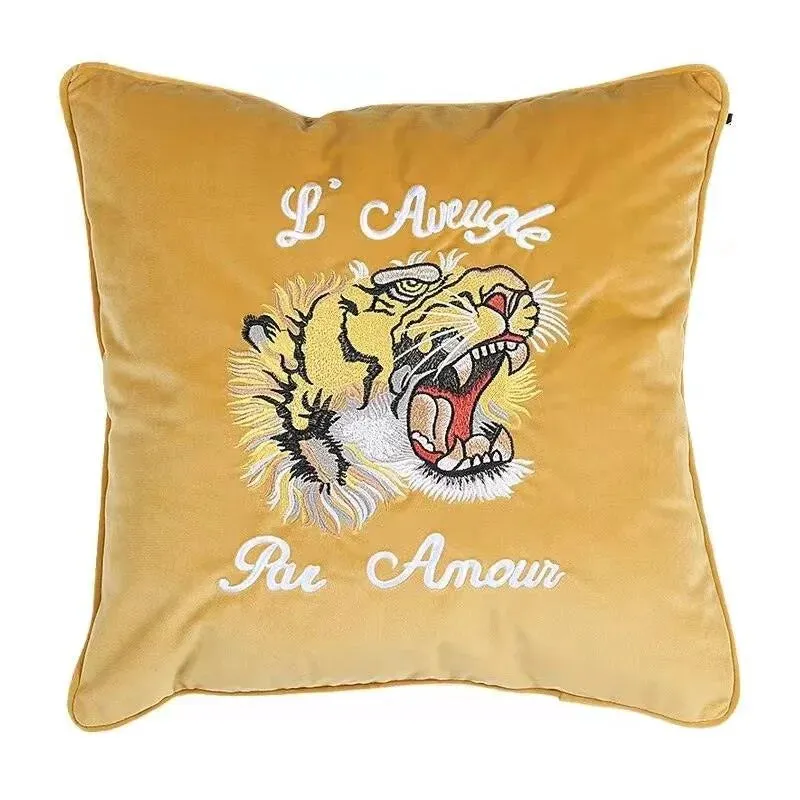 Embroidered Tiger and Flowers Throw Pillow Cover