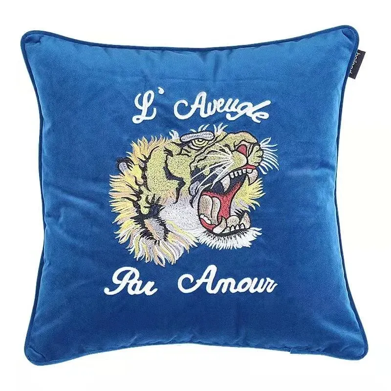 Embroidered Tiger and Flowers Throw Pillow Cover