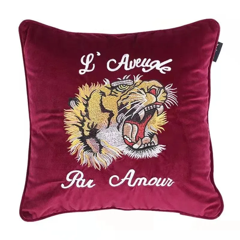 Embroidered Tiger and Flowers Throw Pillow Cover