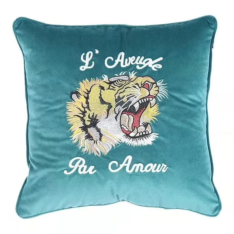 Embroidered Tiger and Flowers Throw Pillow Cover