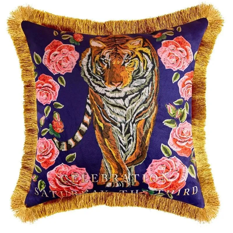 Embroidered Tiger Head Throw Pillow Covers with Fringes