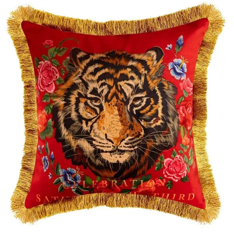 Embroidered Tiger Head Throw Pillow Covers with Fringes